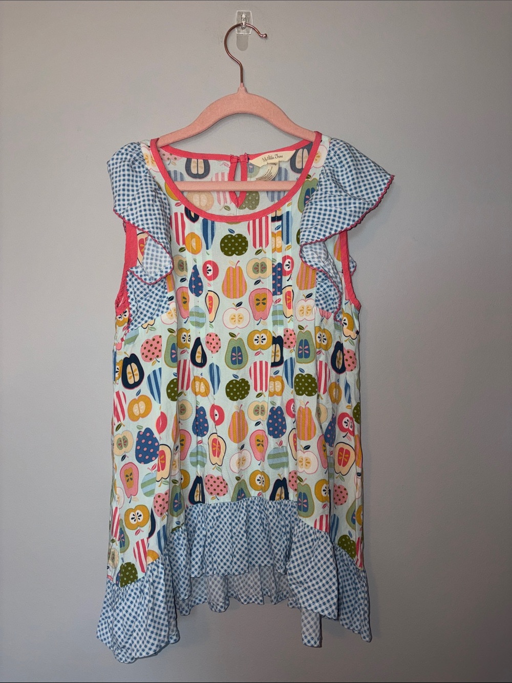 Matilda Jane Pink Trim Fruit Print Blouse with Blue Gingham Ruffle Size 12